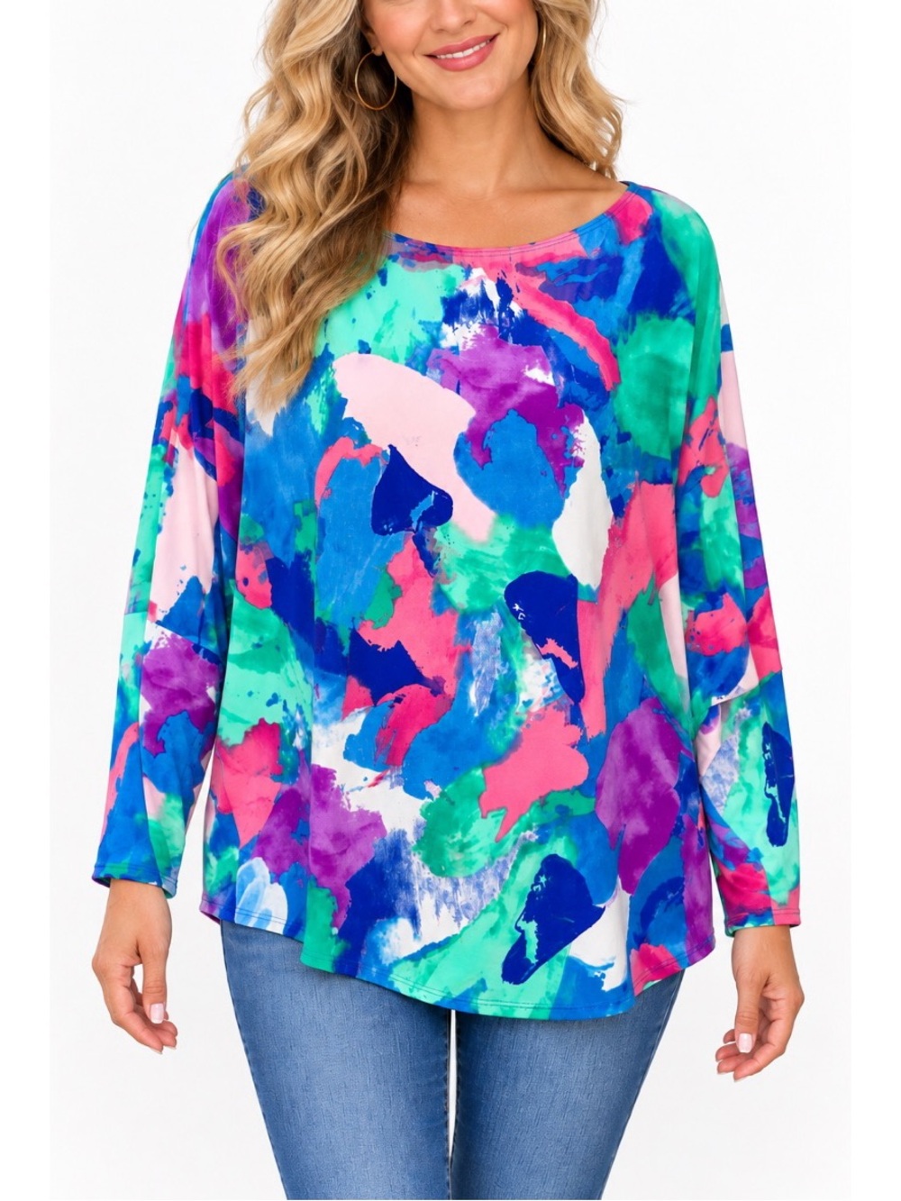 White Birch Colorful Abstract Print Long Sleeve Top, size XL
